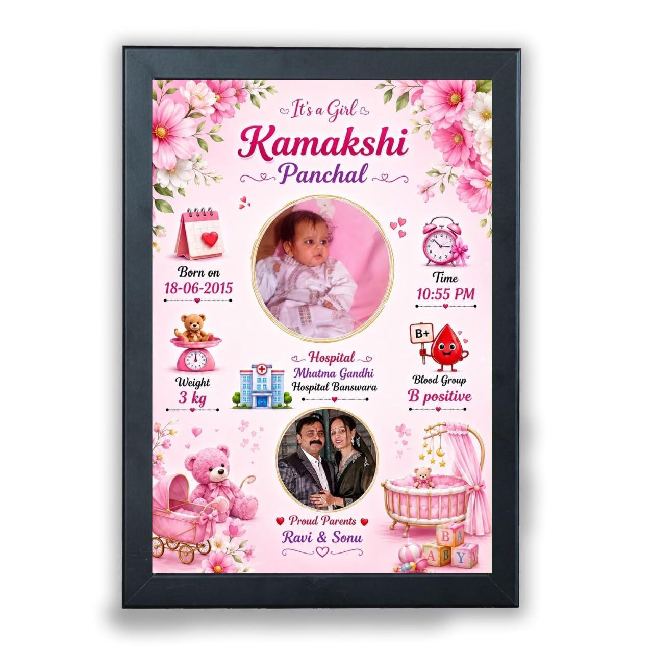 Pink Floral It's A Girl Birth Frame