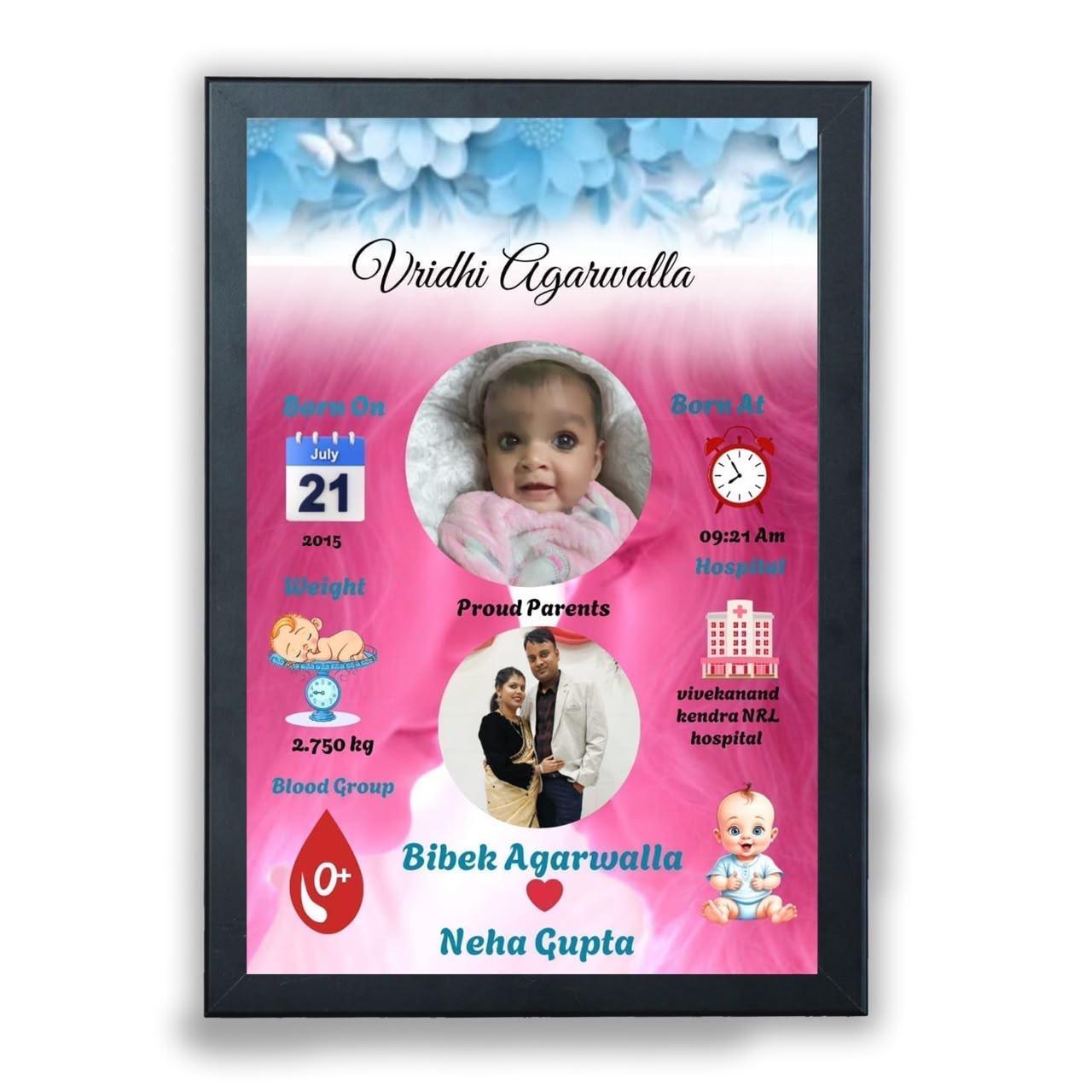 Pink Watercolor Baby Birth Details Frame