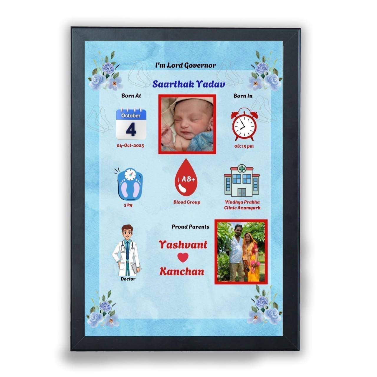 Blue Floral Baby Birth Details Frame