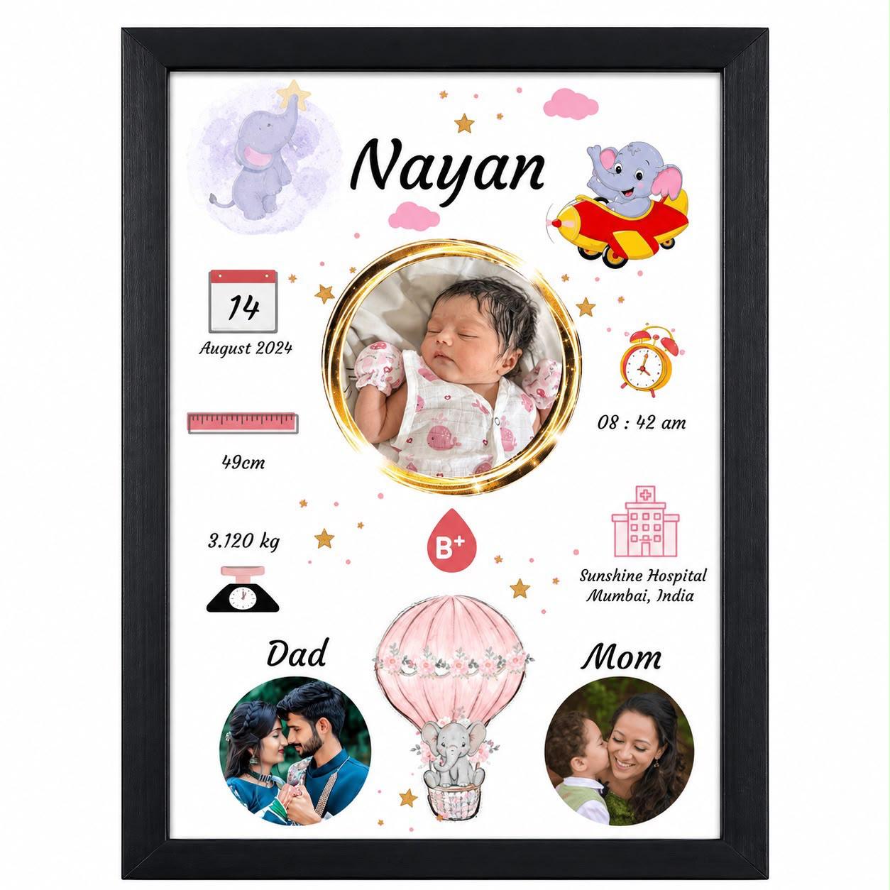 Gold Glitter Elephant Baby Birth Frame